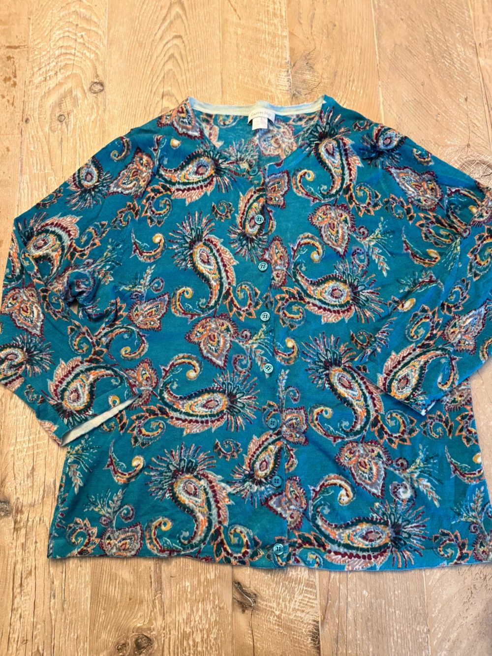 Garnet Hill Teal Multicolor Paisley Knit Wool Cardigan